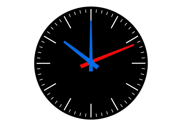 Analog clock showing blue hour and red minute hands.
