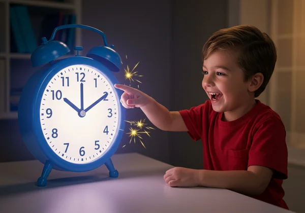 Child happily learning time with a fun analog clock.