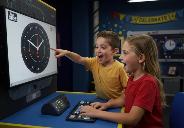 Kids playing a fun time-telling game together.