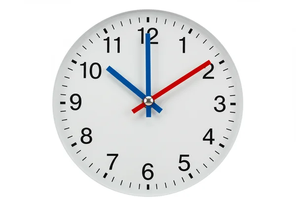 Analog clock showing blue hour and red minute hands