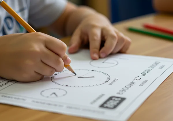 Child drawing clock hands on a time-telling worksheet