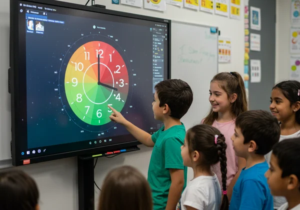 Kids actively learning time with an interactive clock on a smartboard