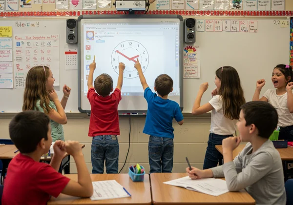 Students collaborating on time-telling with an interactive clock