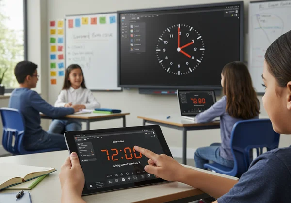 Students using interactive clock on smartboards, tablets