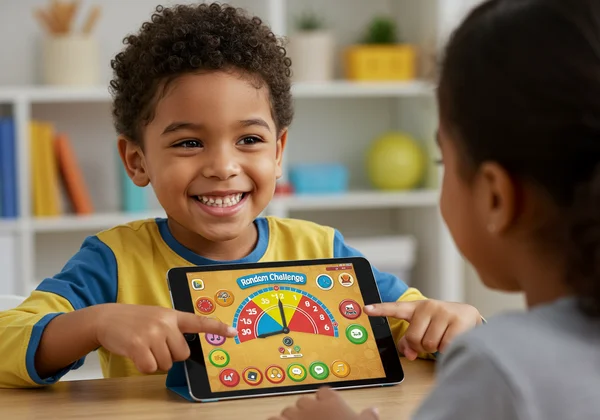 Child playing an interactive time-telling game on tablet