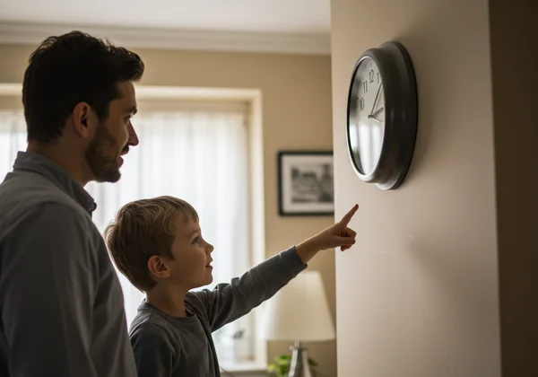 Parent and child pointing at a real analog wall clock