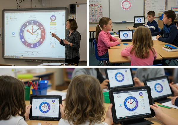 Students using interactive clock on smartboard and tablets.