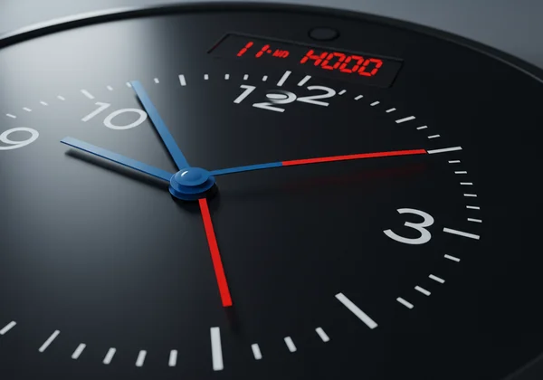 Digital interactive clock with blue hour, red minute hands.