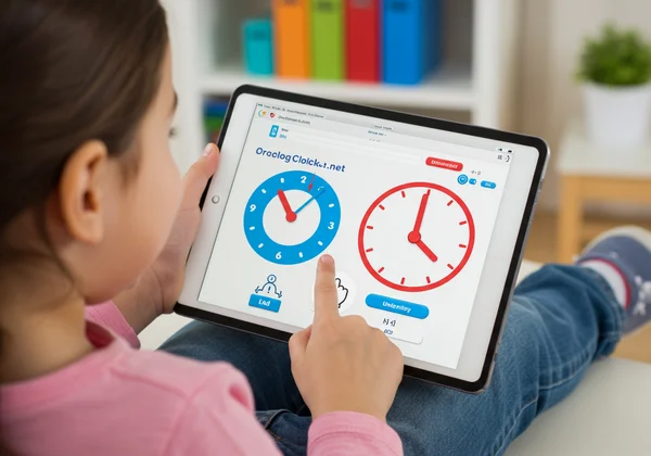 Child using an interactive online analog clock tool.