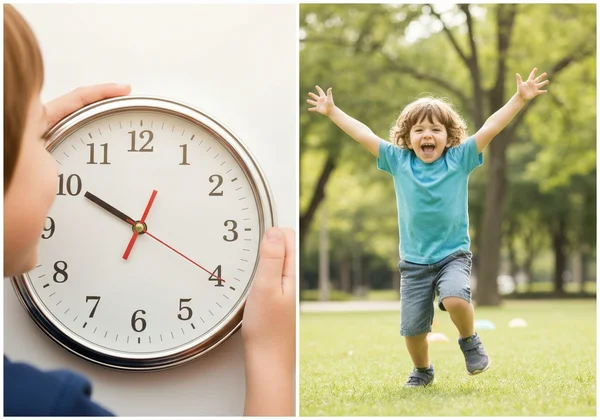 Child relates analog clock to fun daily activities