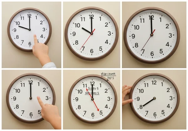 Visual of a child learning time steps on a clock