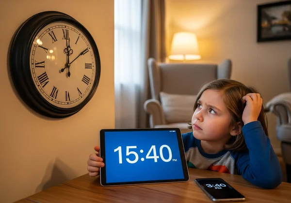 Child looking confused at an analog clock with digital devices