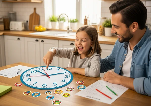 Family playing a fun time-learning game with an analog clock