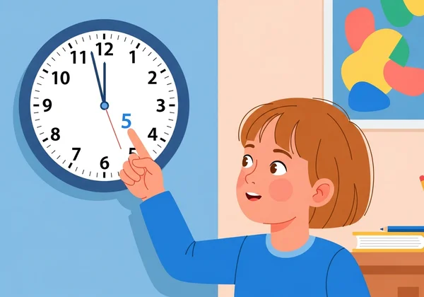 Kid practicing counting minutes on a clock