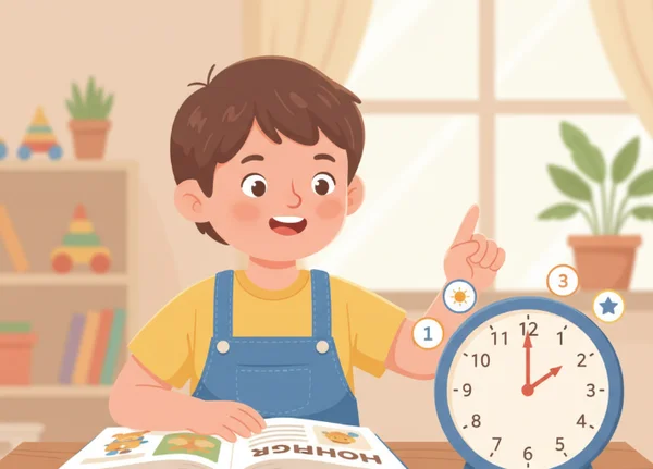 Child learning to read an analog clock
