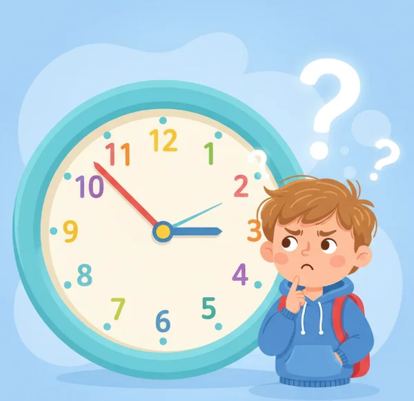 Child puzzled by an analog clock